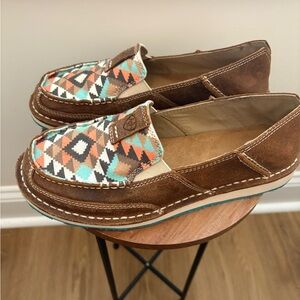Ariat Brown and Cream Moccasins suede with Southwestern style.